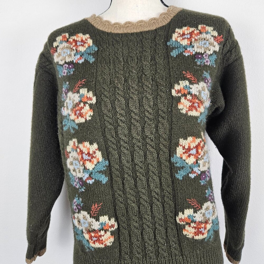 Vintage 90s Herman Geist Wool Hand Embroidered Flowers Floral Sweater Size Large - Picture 3 of 6